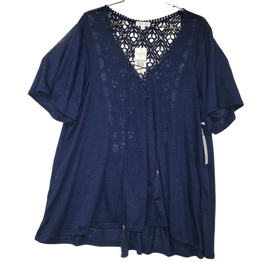 Skylar and Jade 1X Lace Crochet Neckline Pleated Top Tassles Lace Up Front Boho